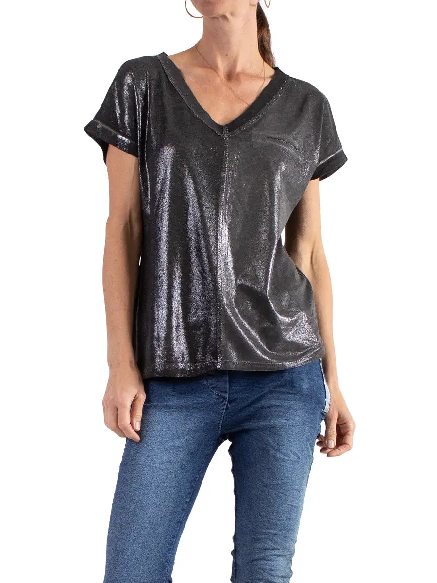 Two tone Foil V-Neck Top