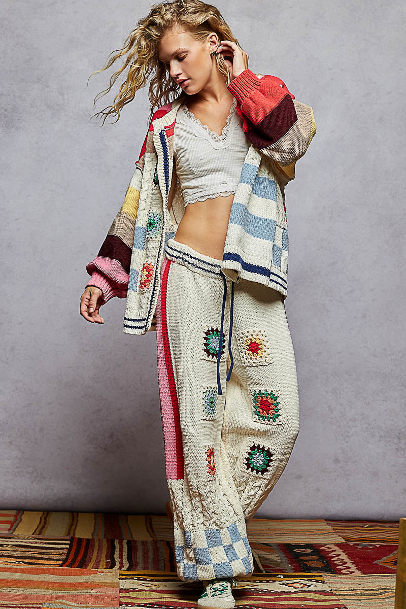 POL Multicolored Chenille Cardigan w/ Granny Square Patches