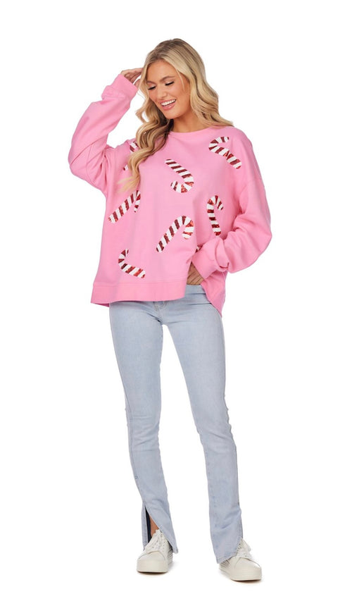 Christmas MudPie Candy Cane Sequin Patch Sweatshirt