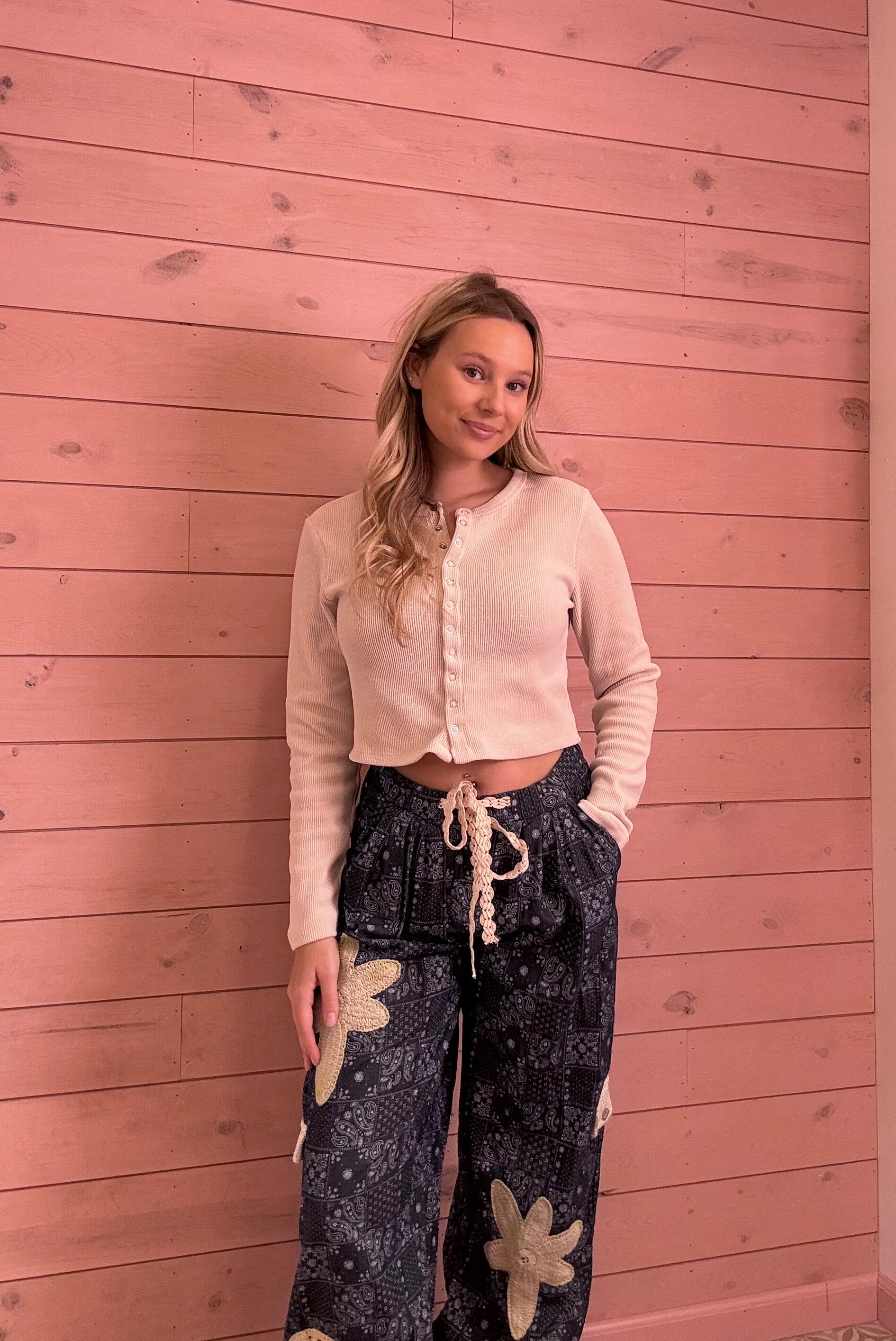 POL Bandana Joggers w/ Crochet Flowers