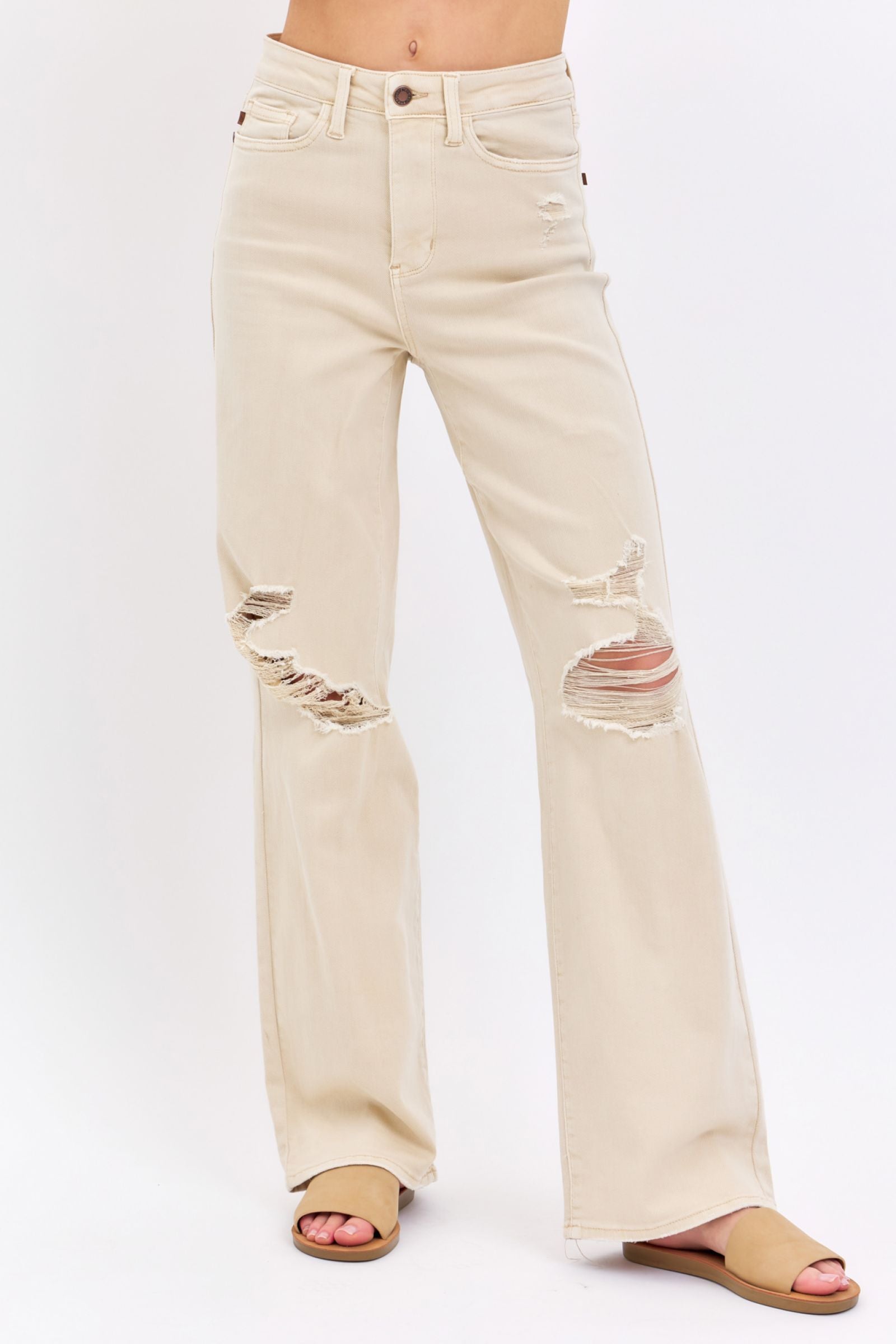 Judy Blue 90s Straight Destroyed Bone Denim