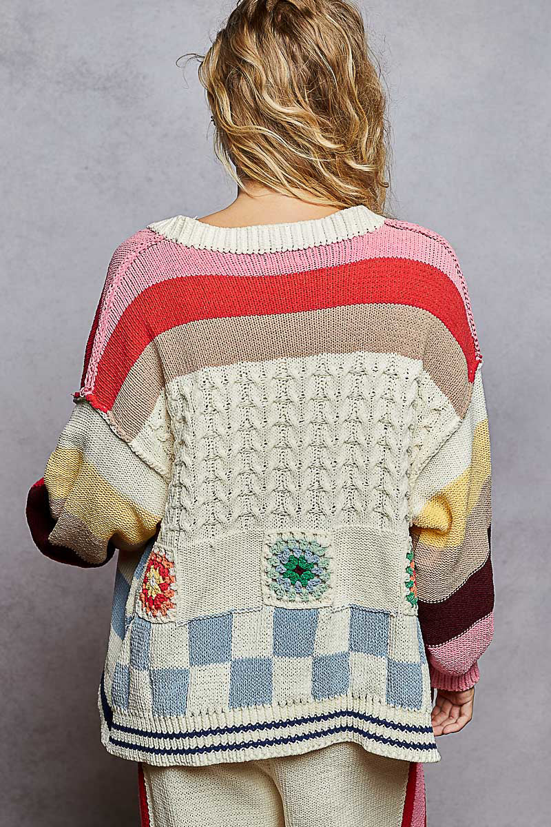 POL Multicolored Chenille Cardigan w/ Granny Square Patches
