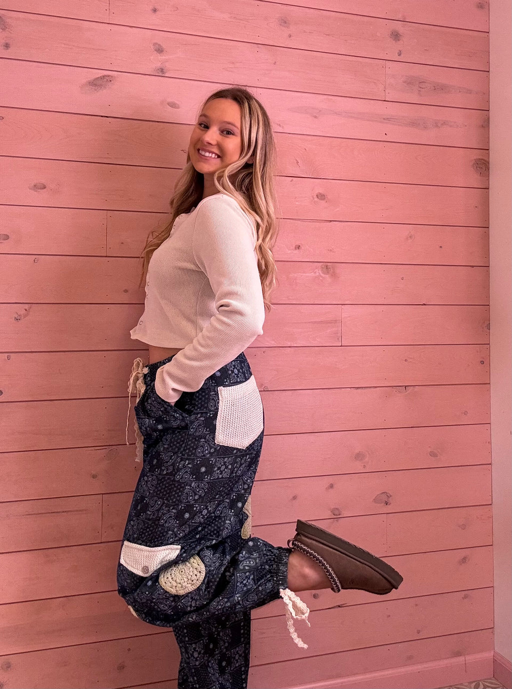 POL Bandana Joggers w/ Crochet Flowers