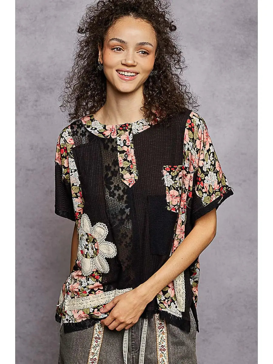 POL Floral Patch Button Up Top