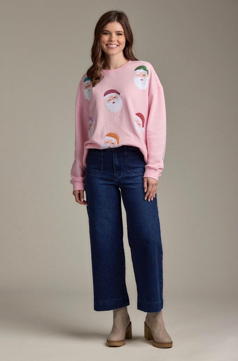 MudPie Santa Sequin Patch Pink Sweatshirt