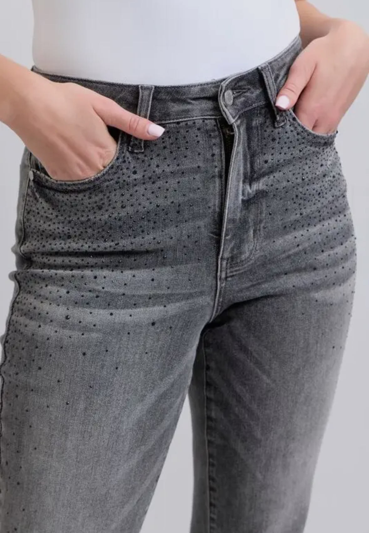 Judy Blue High Waisted Gray Straight Leg w/ Rhinestones