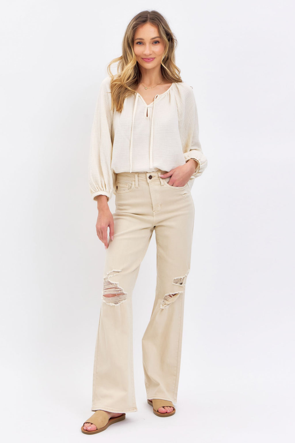 Judy Blue 90s Straight Destroyed Bone Denim