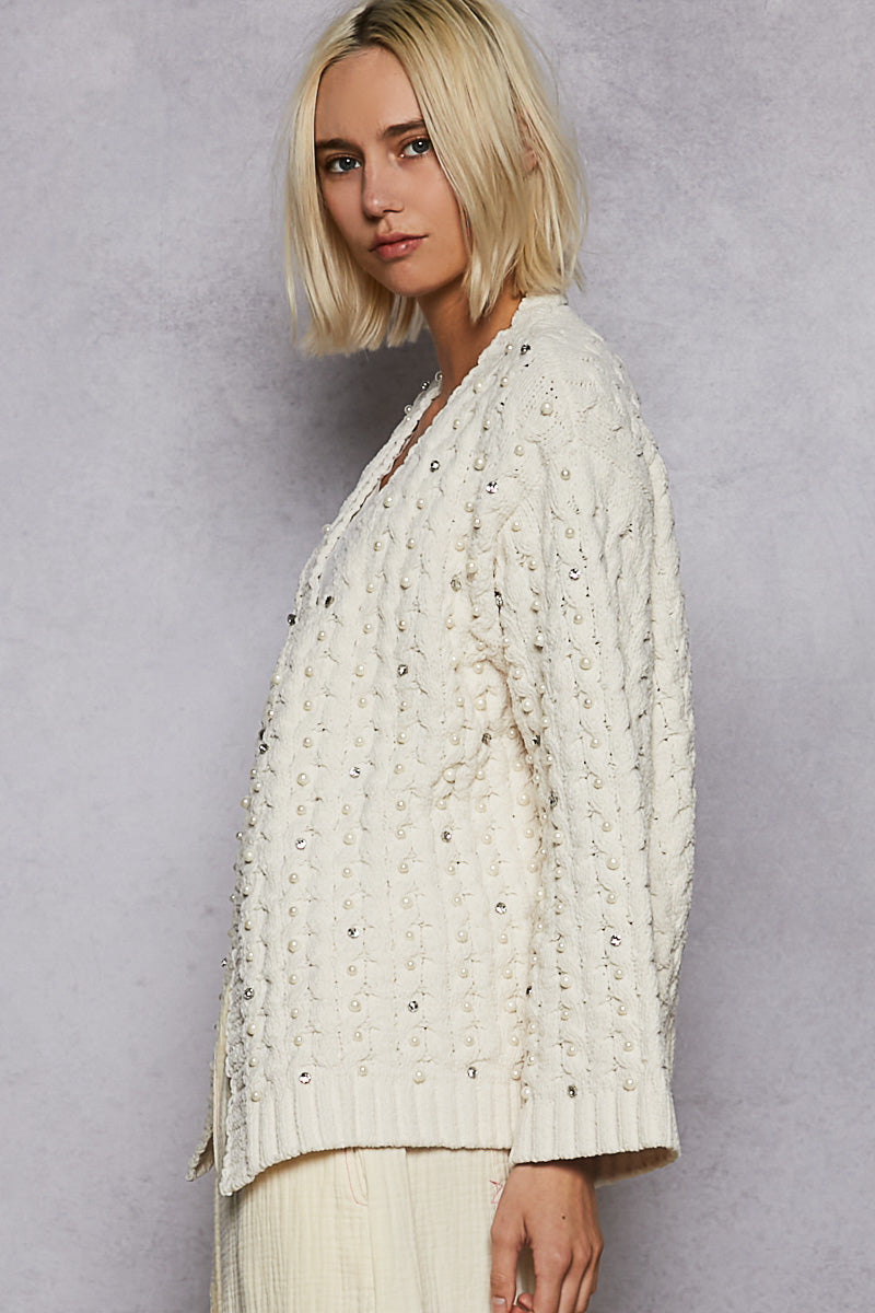 POL Pearl & Rhinestone Studded Chenille Cardigan