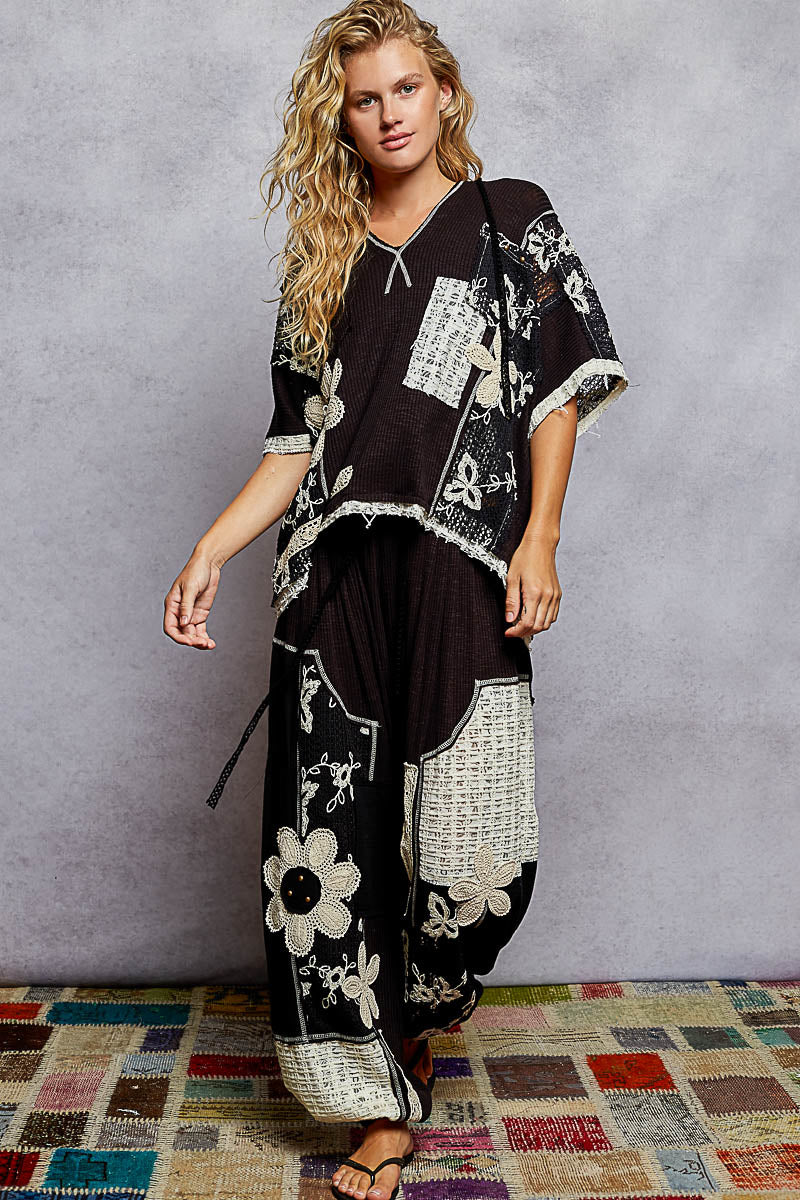 POL Black Crochet Patch Joggers