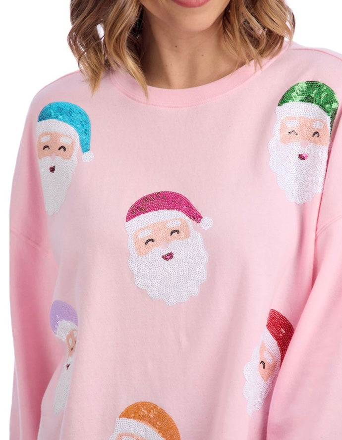 MudPie Santa Sequin Patch Pink Sweatshirt