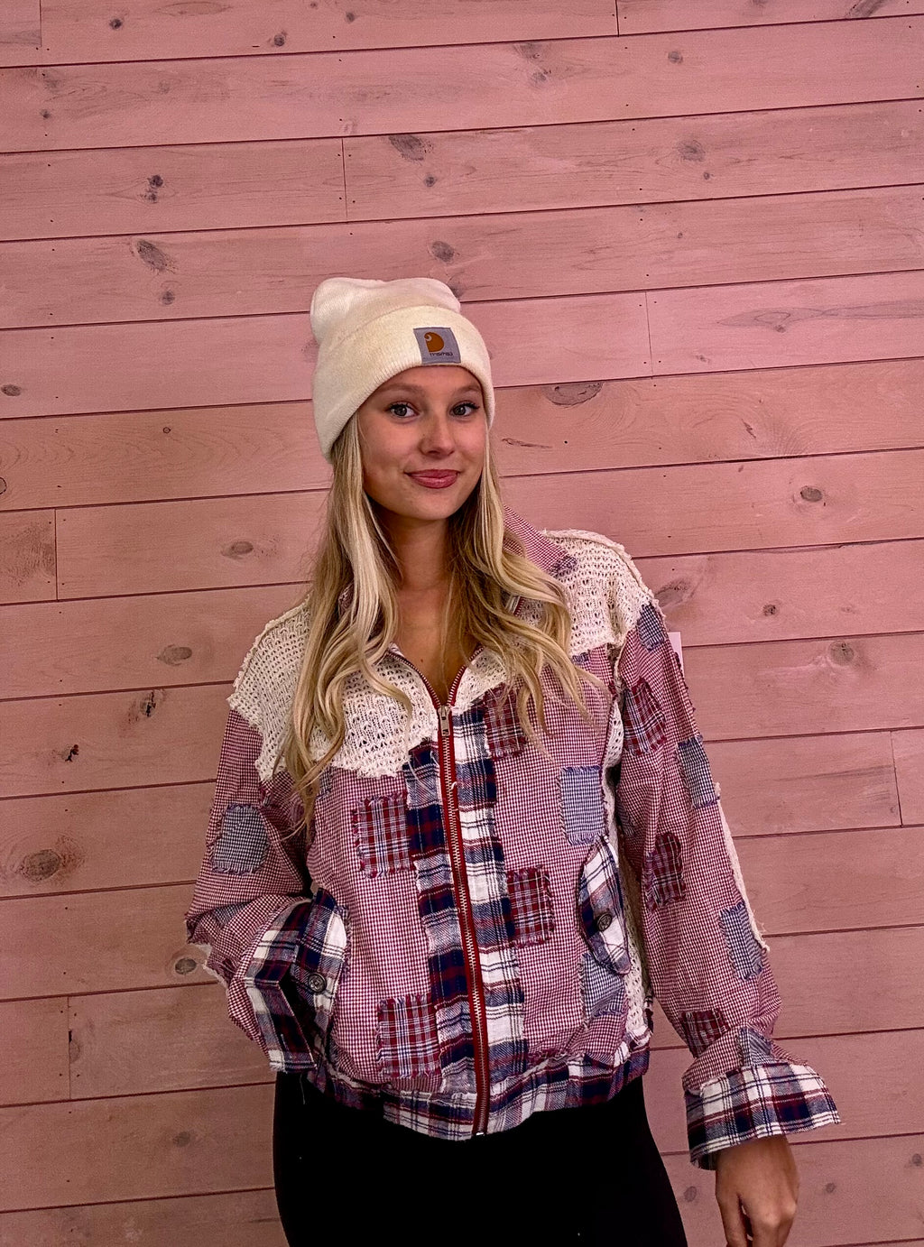 POL Plaid Patchwork Zip-Up