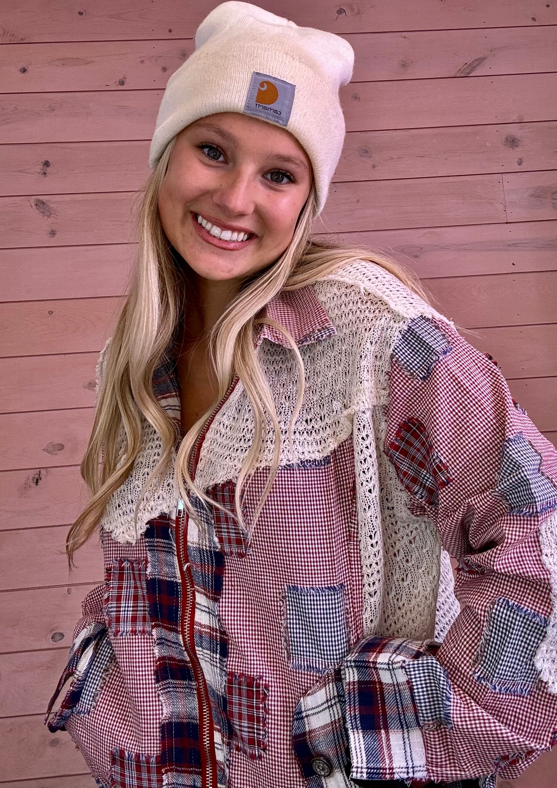 POL Plaid Patchwork Zip-Up