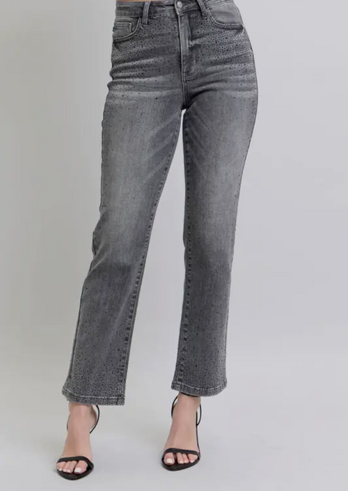 Judy Blue High Waisted Gray Straight Leg w/ Rhinestones